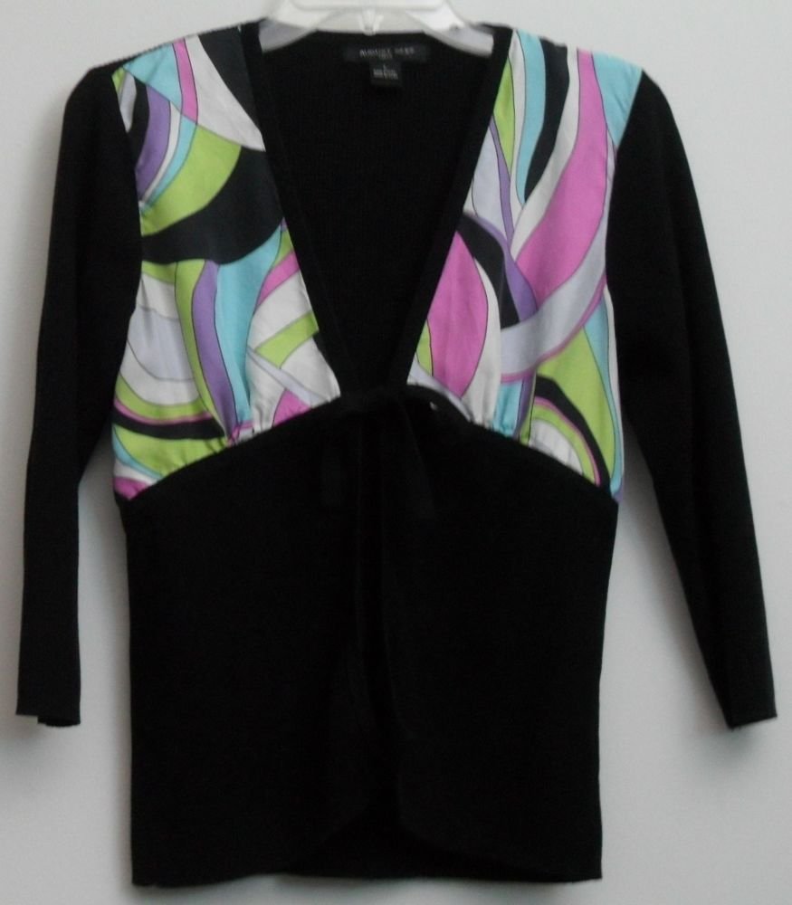 August Silk Knits Open Cardigan Tie to Close Black Pink Green Blue Purple Large