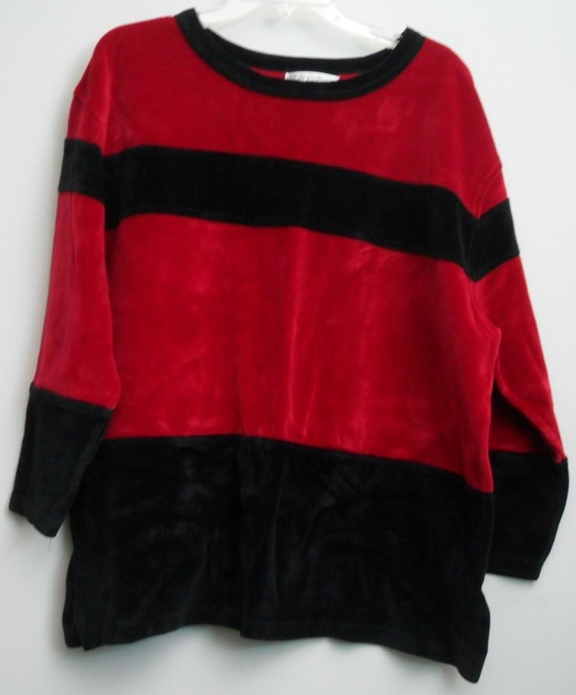 Dressbarn 2X Pullover Velour 4" Vertical Side Slits Black Red Horizontal Stripes