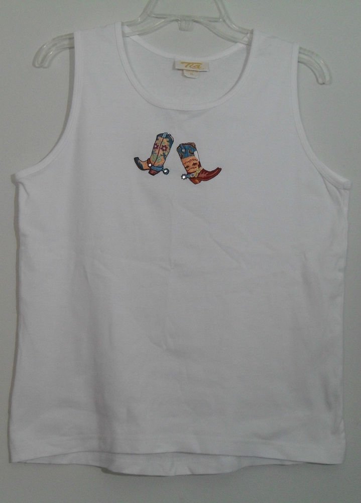 Tia Designs Cowboy / Cowgirl Boots w/ Spurs Applique Sleeveless White Tank Top