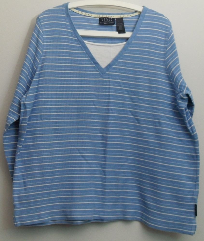 Liz Claiborne Crazy Horse Woman Size 1X Blue & White Horizontal Stripe Top Shirt