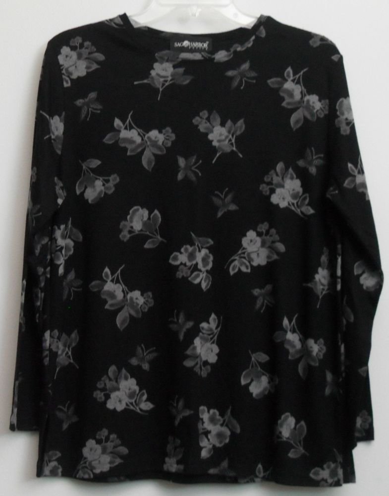 Sag Harbor Petite PL Rayon/Polyester Flower Floral Pattern Black Gray Silver