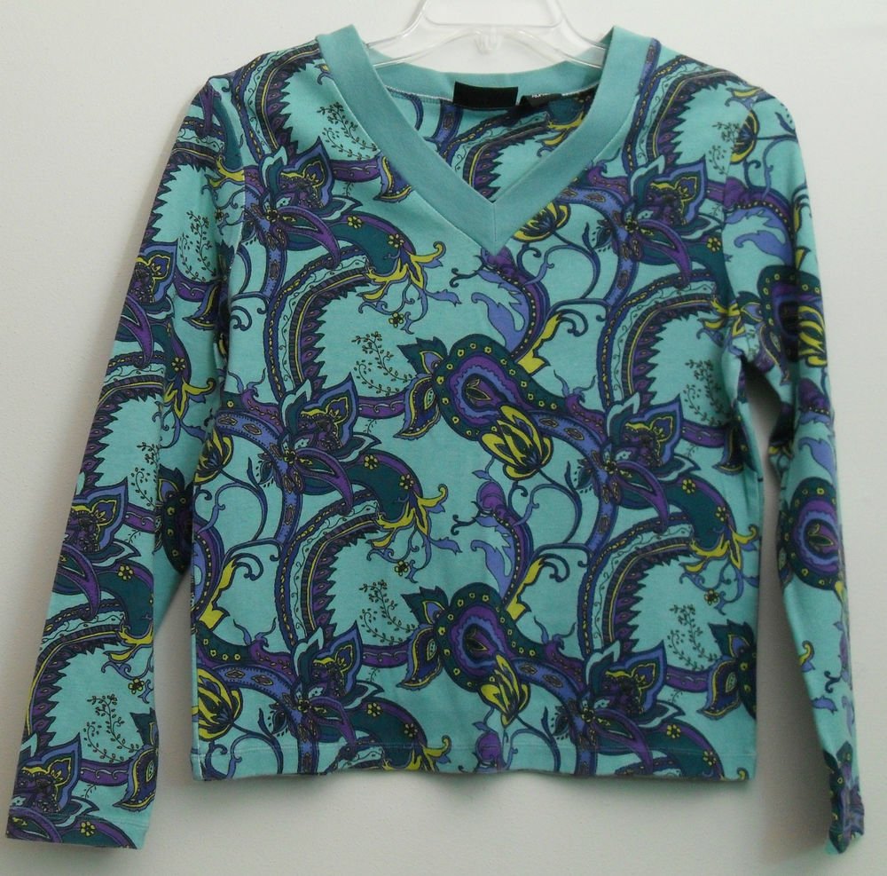 Relativity Flower sz L Misses Large Long Sleeve V-Neck Pullover Blue Vibrant Col