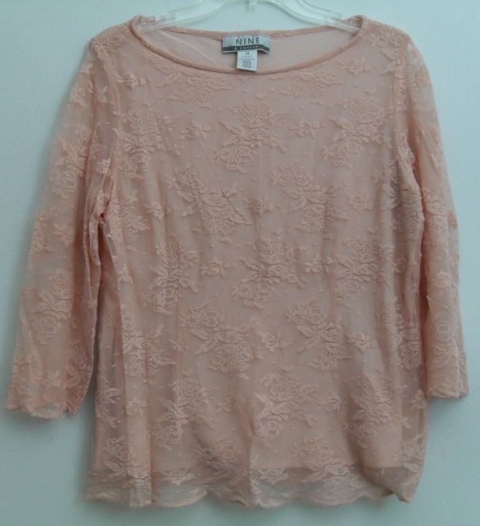 NINE & Company Boatneck Peach/Pink 3/4 Sleeve Layered Top Floral Pattern Nylon