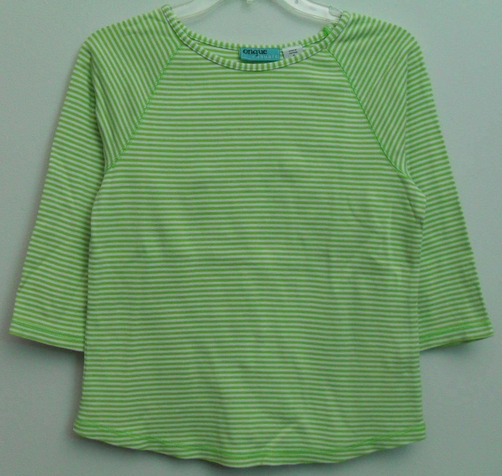 Onque Casuals Womens Medium Striped Green / White 3/4 Sleeve Pullover Knit Top