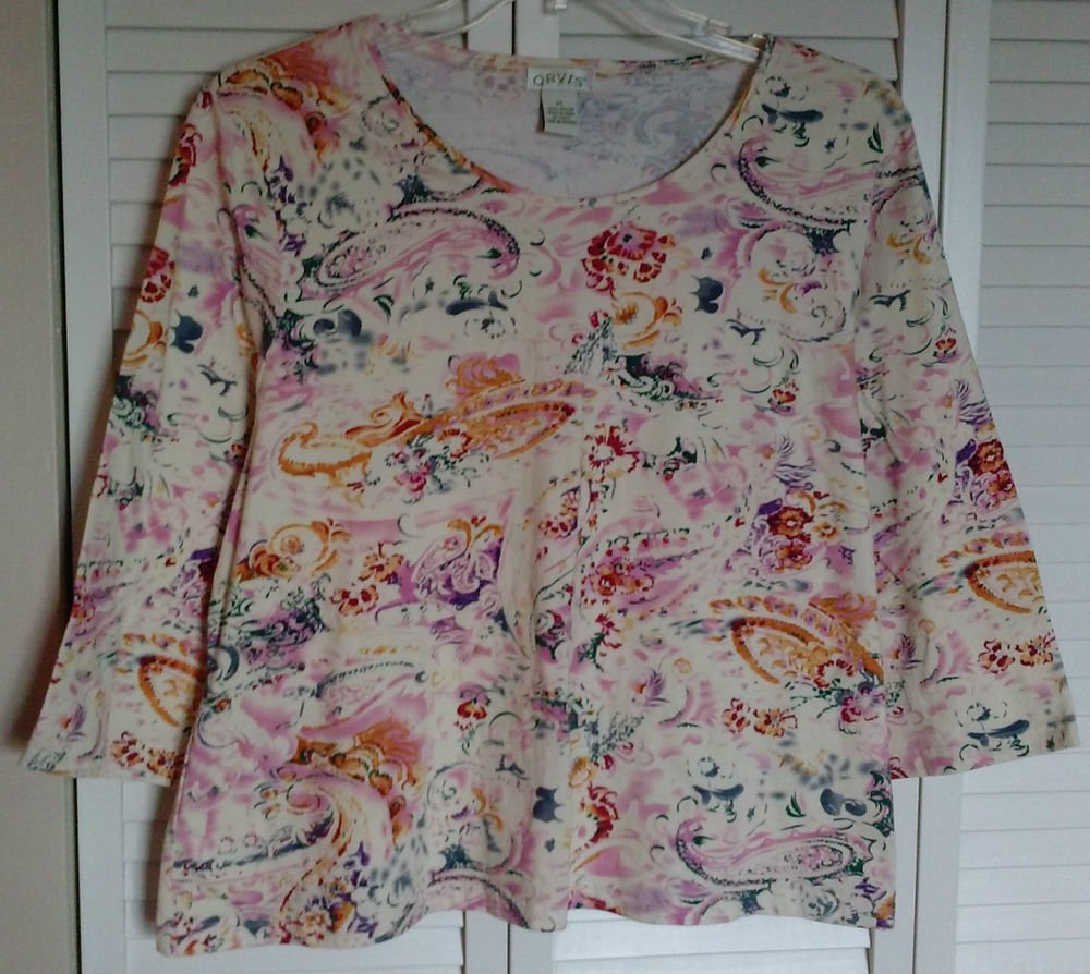 Orvis XL 100% Cotton Crewneck Pullover Knit Tee Paisley Floral Multi Colored Top