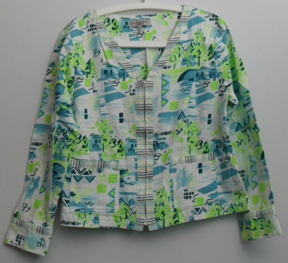 Cynthia Max Relax Large Blue Green V-neck Zipper Down Princess SeamPocket Jacket