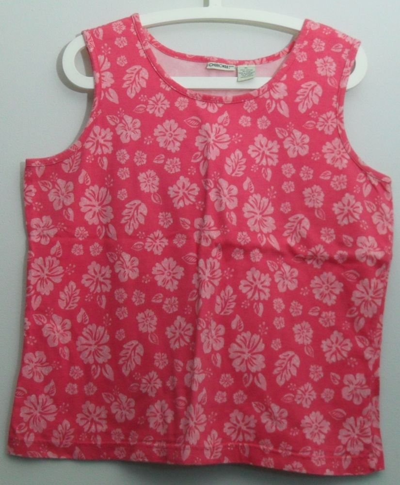 Cherokee XL 100% Cotton Floral Pattern Pink White Flowers Sleeveless Tank Top