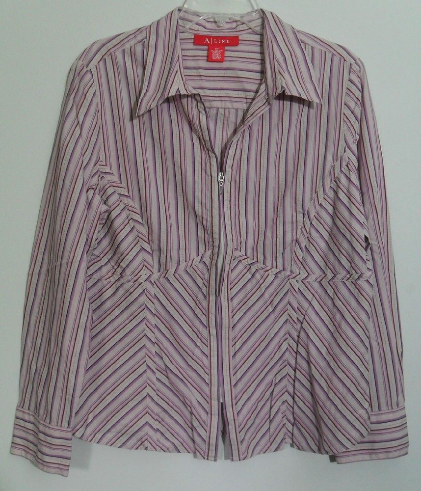 A-Line 18 Purple Vertical Stripe Blouse Split V-Neckline Zipper Front Hook Cuffs