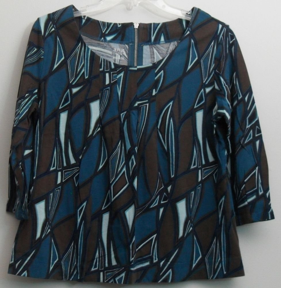 A.N.A. Petite Large PL Scoop Neck Zipper Back Pleat Front Teal Brown Aqua Navy