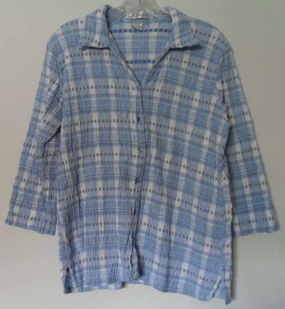 Dressbarn 18W/20W Elastic Gathering Wrinkle Crinkle Blue/White 3/4 Sleeve Button