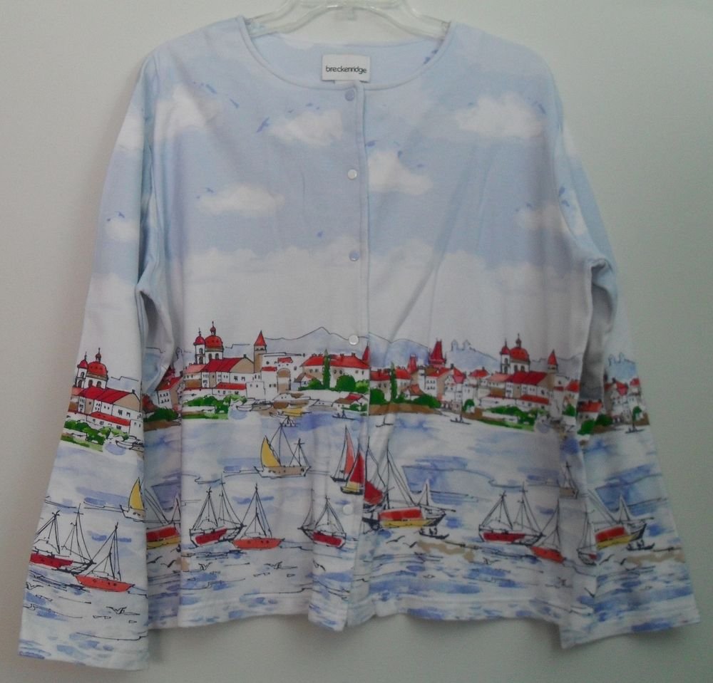 Breckenridge sz Large Snap Down Long Sleeve Birds Boat Sails Water Blue White