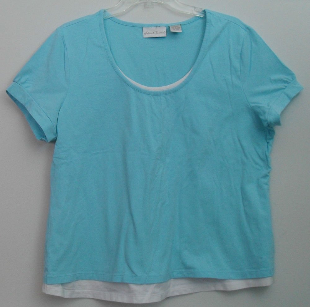 Intimate Essentials Sz Large Aqua Blue Short Sleeve Full White Frontal Inset Top