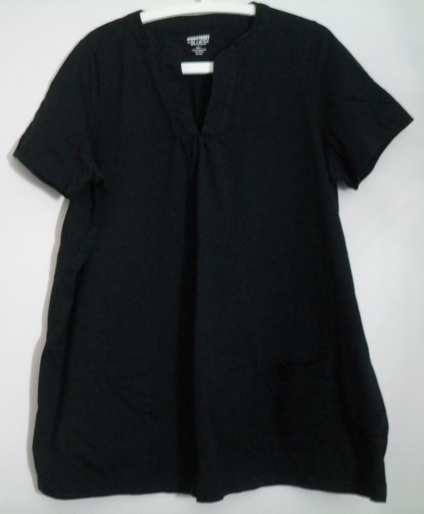Mainstreet Blues Black Plus Size Large 18 20 Split V-Neck 2 Pockets Short Sleeve