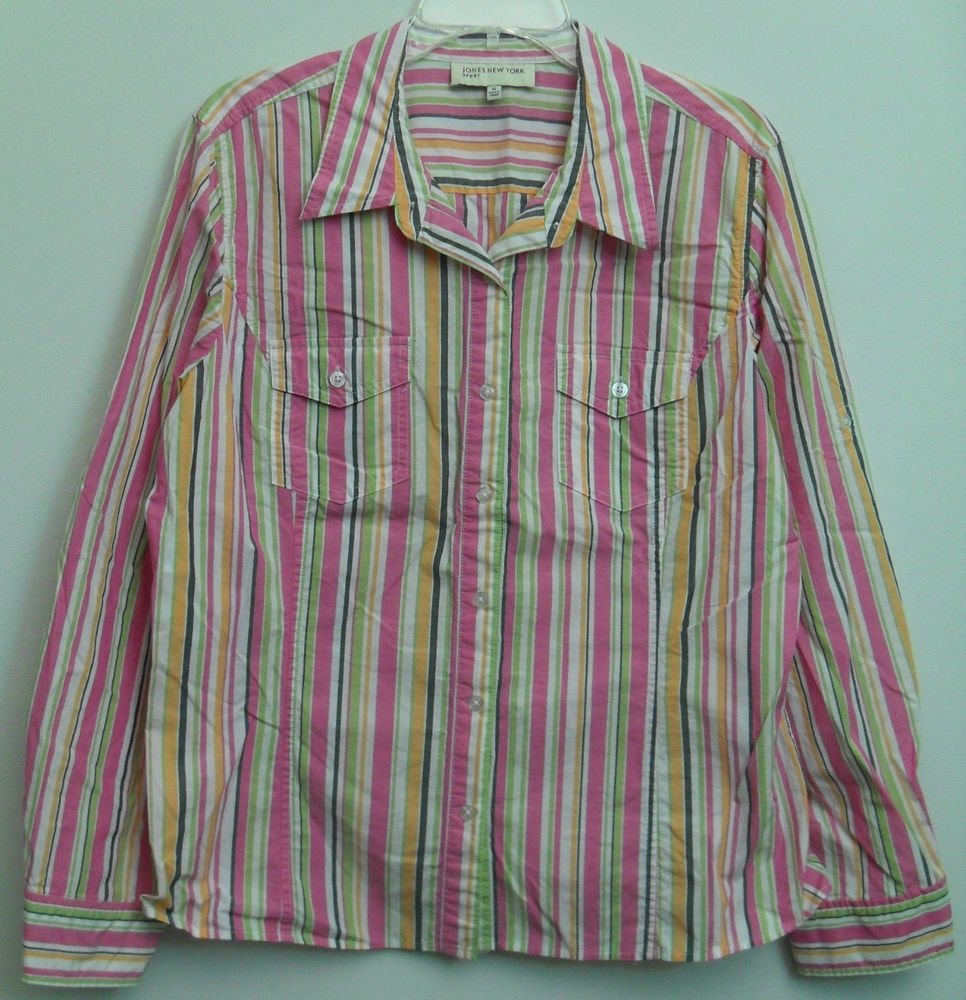 Jones New York Sport Womens XL Striped Colorful Button Down Casual Dress Shirt