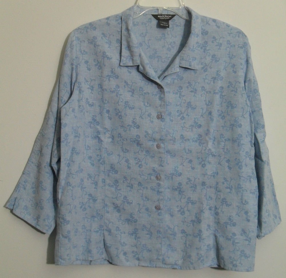 Woolrich Women's Large 2032 Blue Bell Linen Blend Floral Burnout Button Blouse