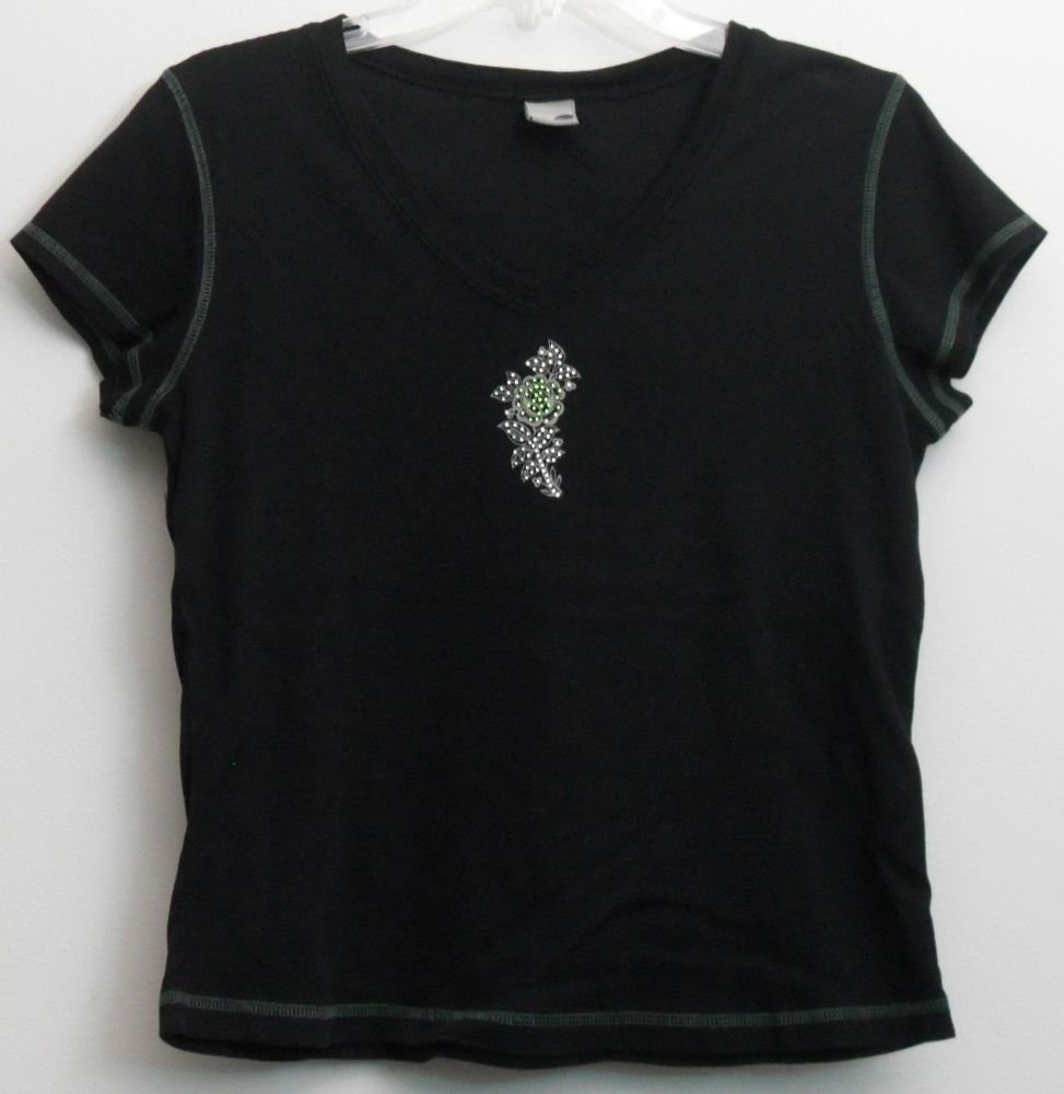 One World Green Silver Studded Flower Exposed Green Stitching on Black V-Neck