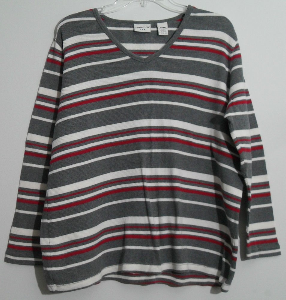 Covington 16 / 18 W Red White Gray Horizontal Striped Pullover V-Neck Sweater
