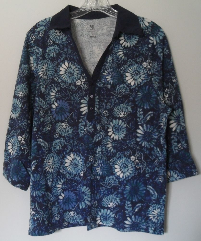 Studio Works Womens Plus 1X Half Button Floral Pattern 3/4 Sleeve Collar KnitTop