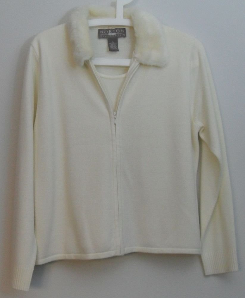 Norton McNaughton Petites PL Zip 2fer Sweater Faux Fur Collar Scoop Neck Acrylic