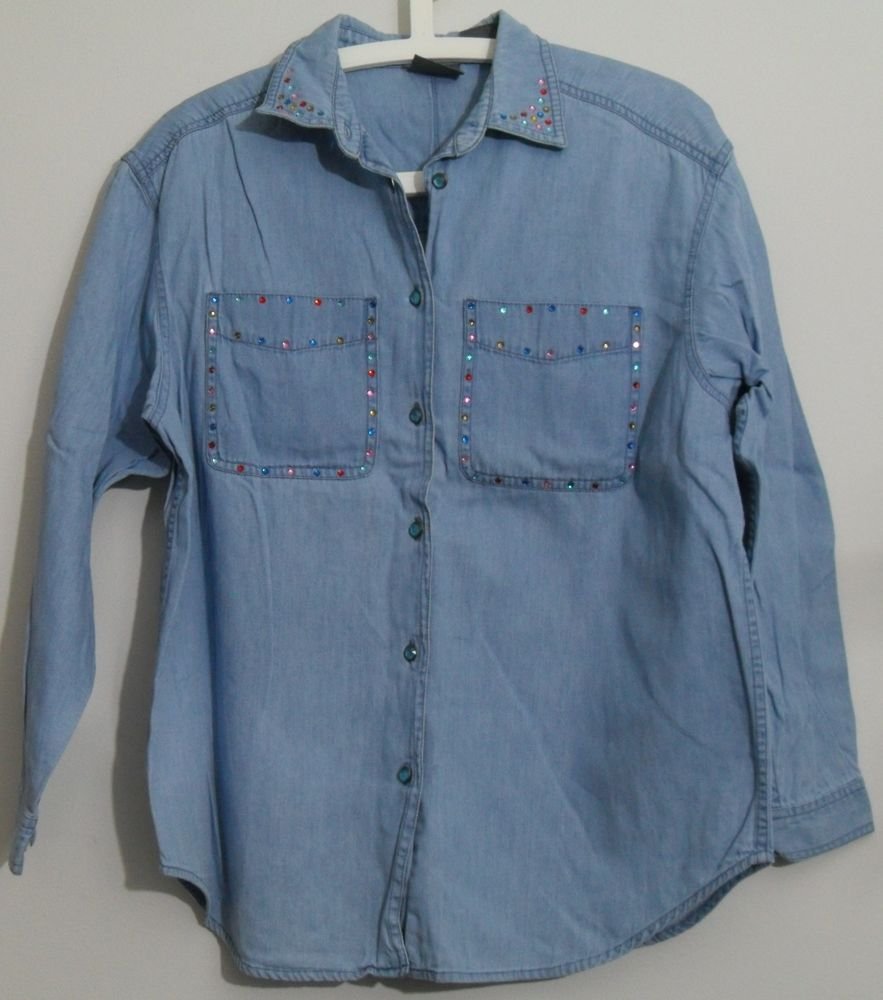 LizWear Petite Small PS Denim Blue Gem Rhinestone Studs Button Down Pocket Shirt