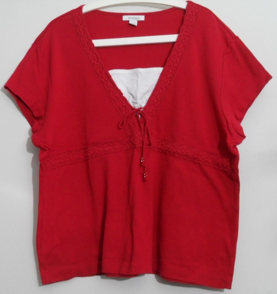 Dressbarn Woman Red SS Crocheted V-neck w/ Tie w/ Beads Empire Waist 22 / 24
