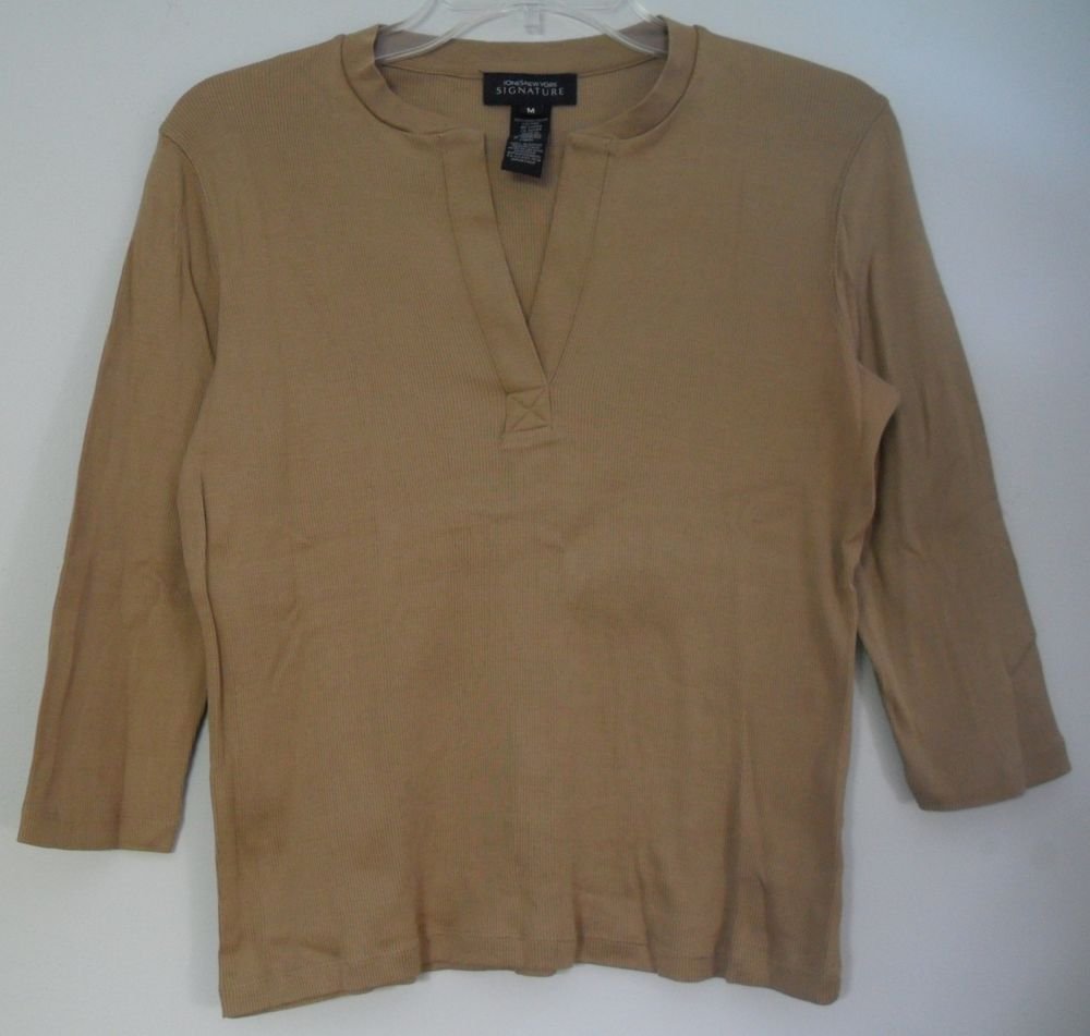 Jones New York Signature M Brown Split V-Neck Vertical Ribbed 3/4 Sleeve KnitTop