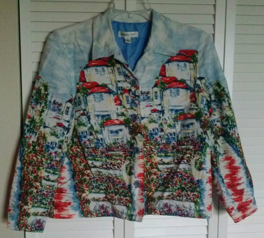 Coldwater Creek PM Seaside Villas Print Button Down Linen & Rayon Lined Jacket