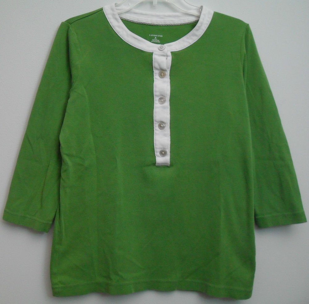 Lands End Womens Medium 10 / 12 Green White 1/2 Half Button Front Pullover Knit