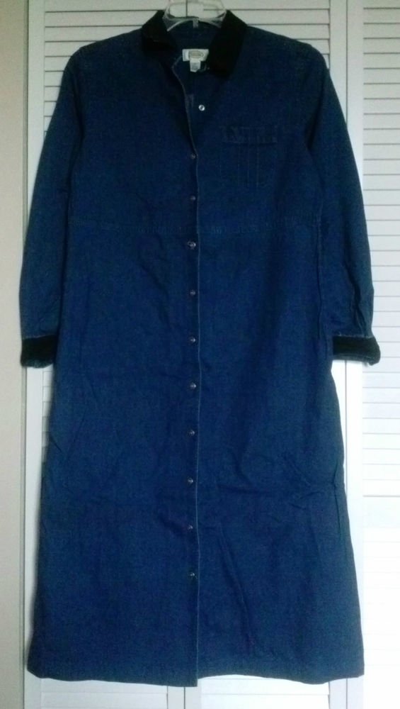 Talbots Size 10 Blue Denim Button Down Coat Dress w/ Chest Pocket & Black Trim