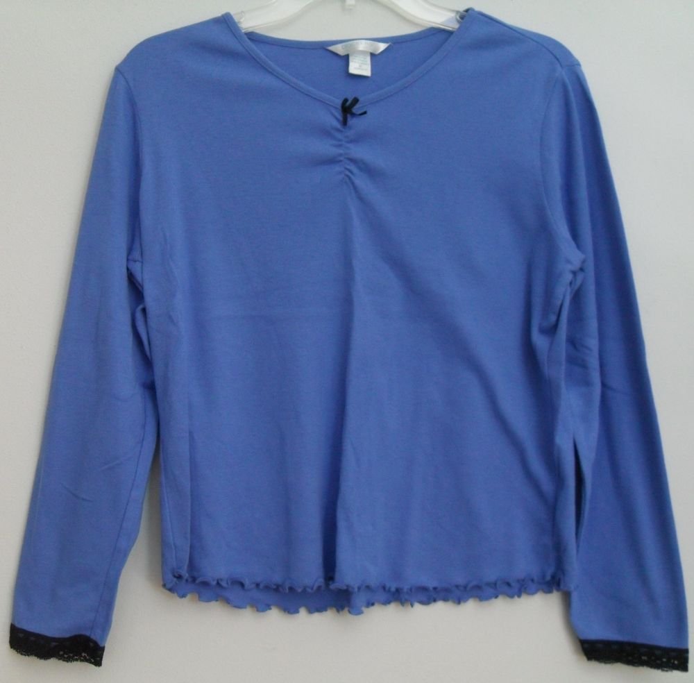 Dockers Womens Medium Blue Black Bow Lace Sleeve Line Scalloped Bottom Hem Shirt