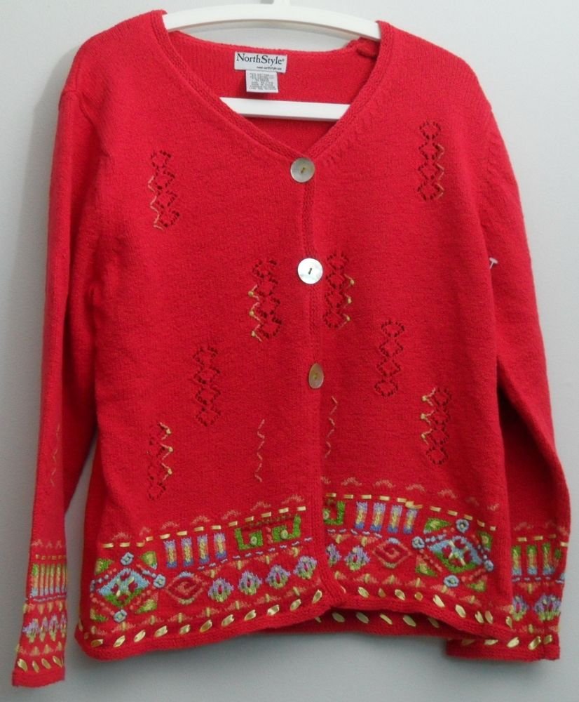 NorthStyle Red Cardigan sz XL Holiday Oyster Shell & Bead Buttons Ribbon Accent