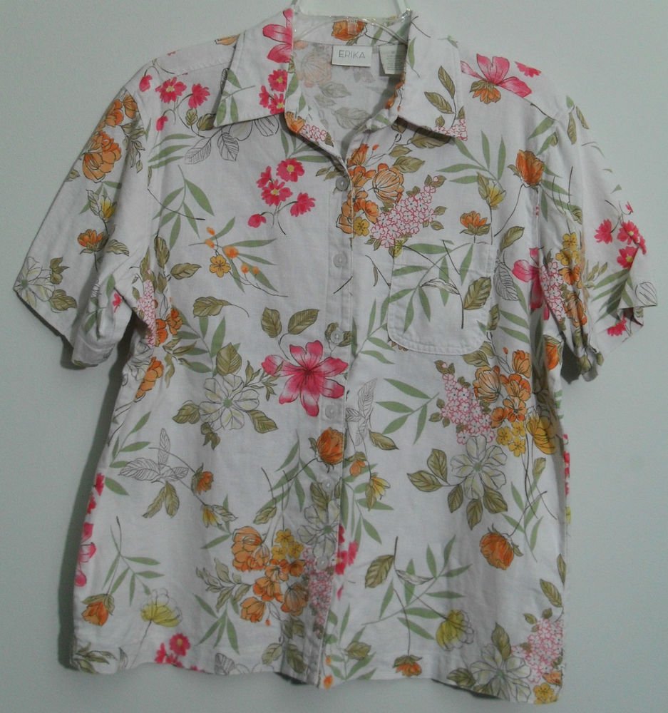 Erika Medium Floral Linen Blend w/ Rayon Chest Pocket Button Down Blouse Top