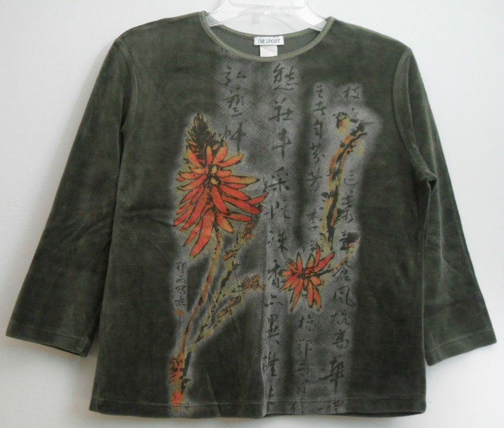 DB Sport Orange Green Flower Bird 3/4 Sleeve Velour Top Japanese Symbols