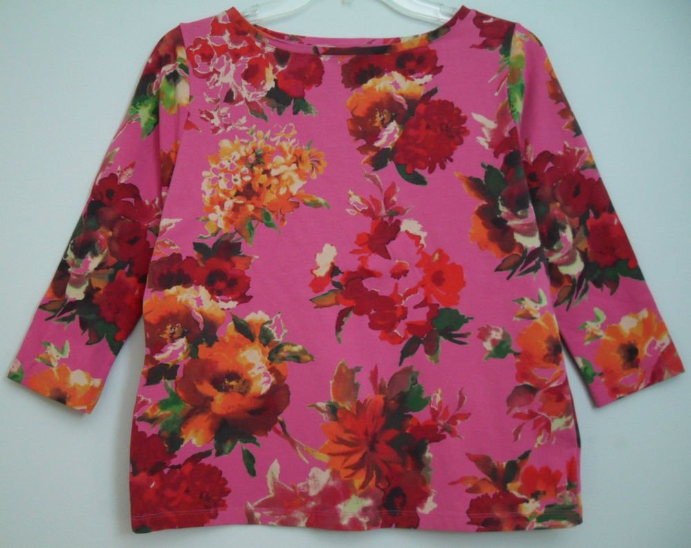 Talbots Floral Colorful Flower Knit Top 3/4 Sleeve Boatneck 100% Cotton Pullover