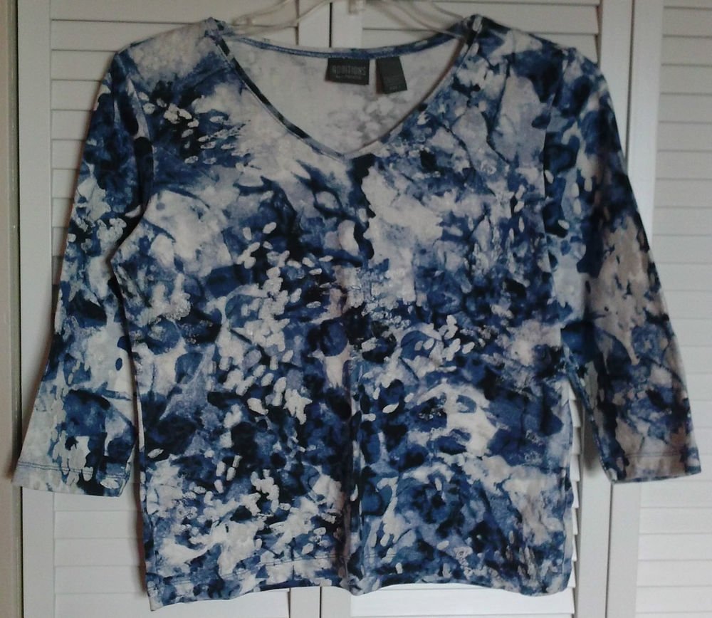 Additions by Chico's Size 1 Watercolor Blue & Silver Paint Sparkle on White Top