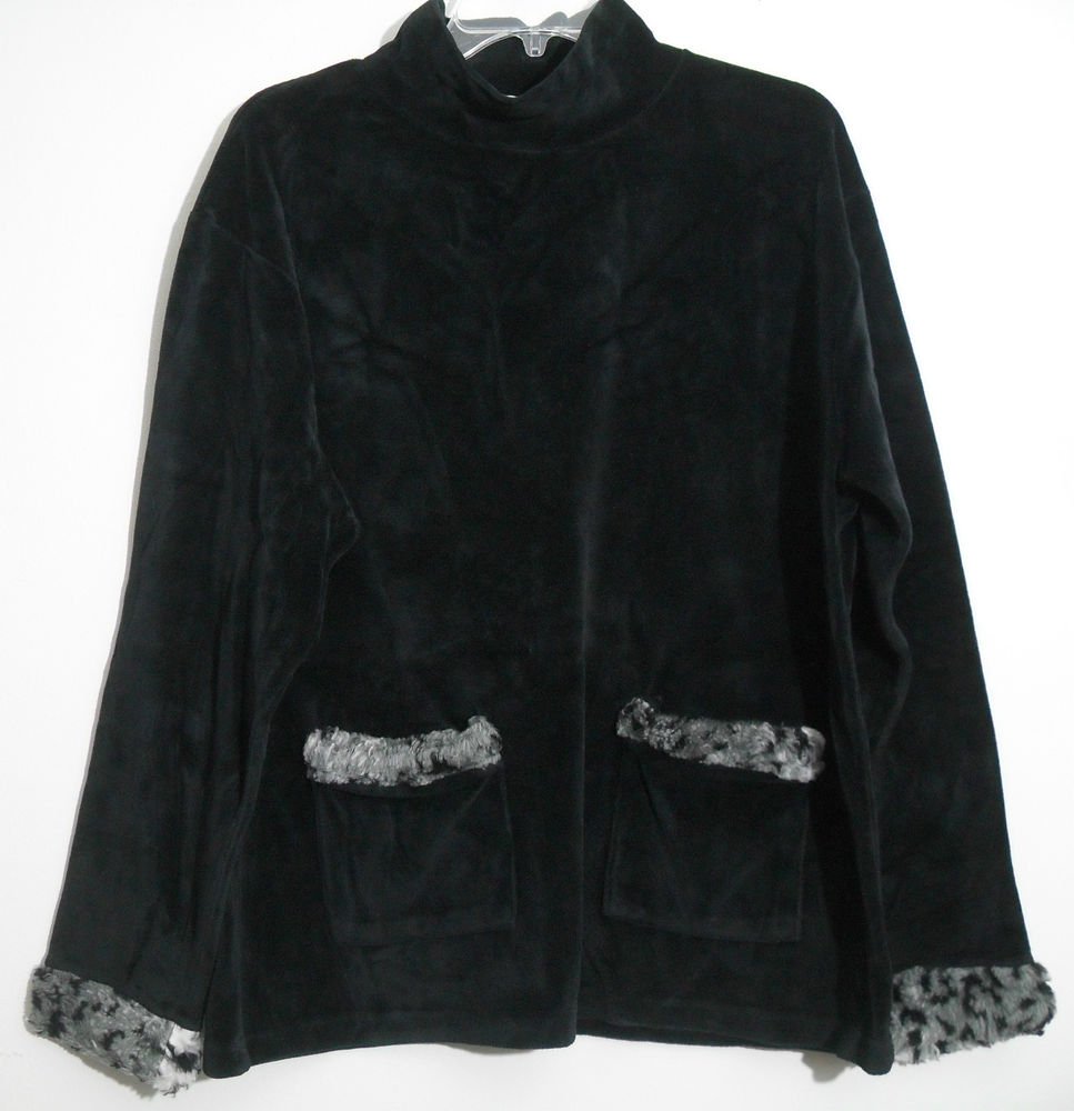 Onque Casual Black Velour Top / Animal Print Faux Fur Trim Sleeves Pockets Large