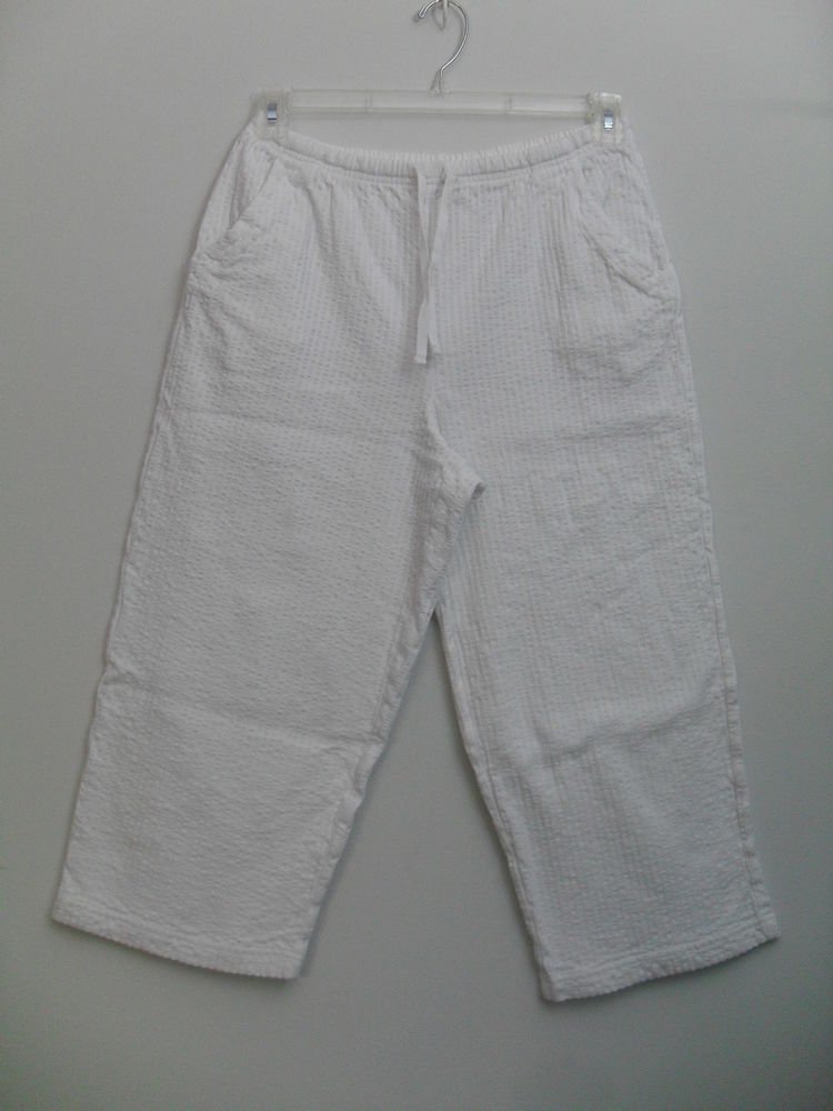 Studio Works LG White Elastic Drawstring Summer Lounge Capri Cut Pants 2 Pockets