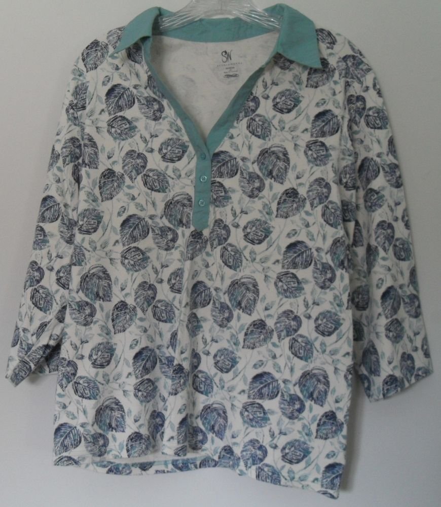 Studio Works Womens Plus 2X Half Button Leaf Pattern Collared 3/4 Sleeve KnitTop