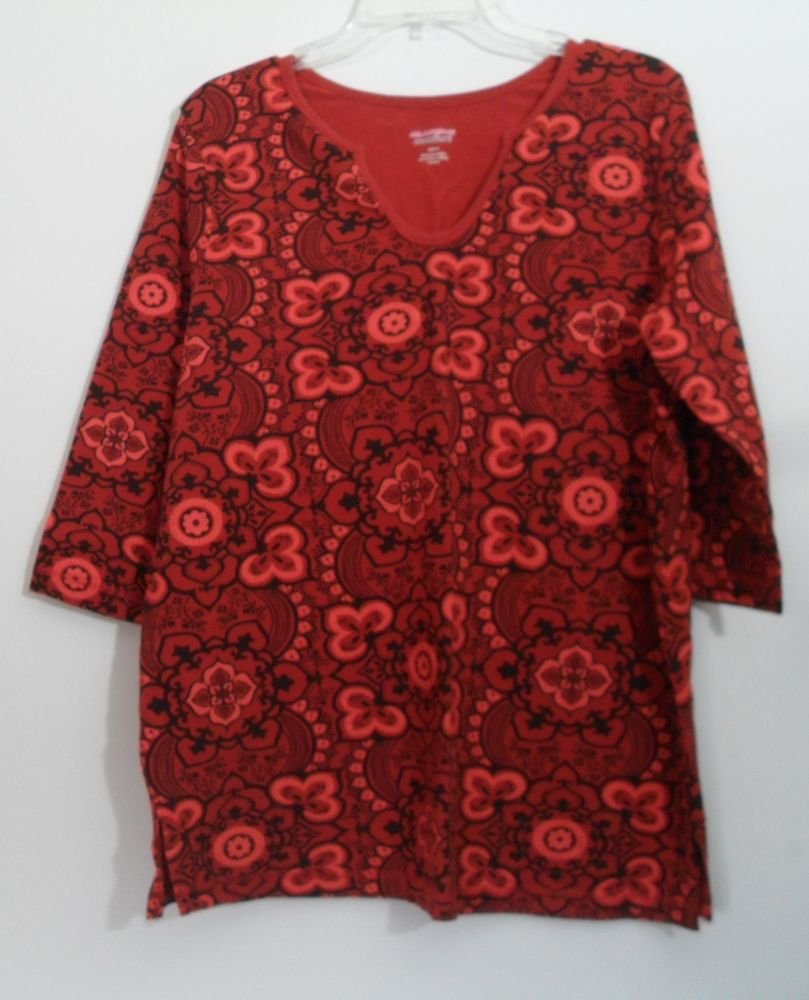 Woman Within All American Comfort 1X Coral & Burnt Orange Black Rounded U V-neck