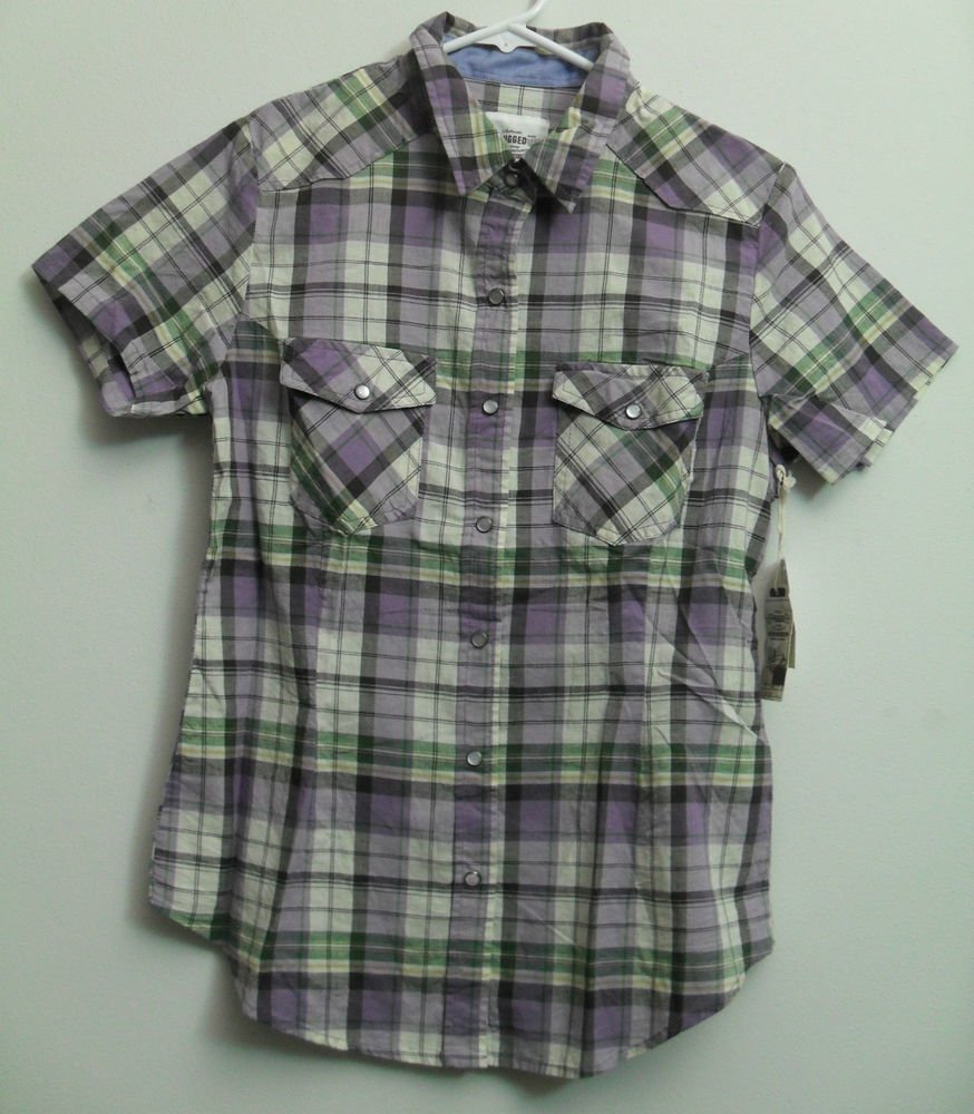 Authentic Rugged Company Small Purples Plaid Snap Button Down 2 Chest Pockets