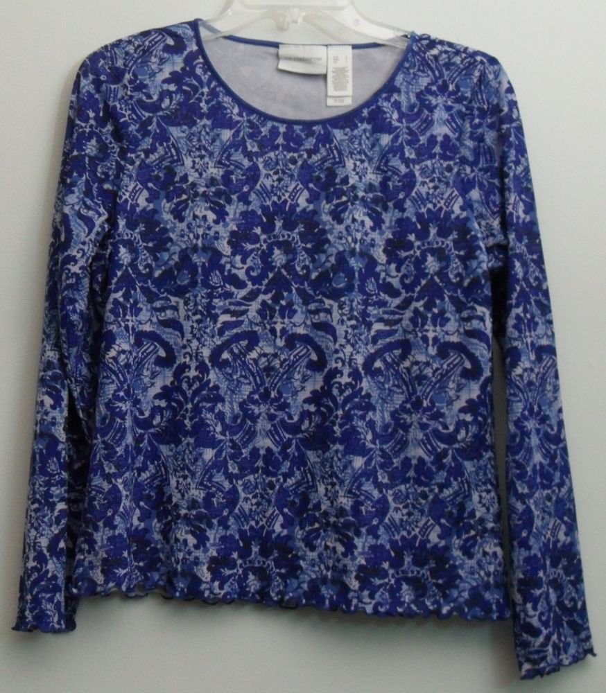Liz Claiborne L Large Scalloped Lettuce Edges Bottom & Sleeves Blue Shades