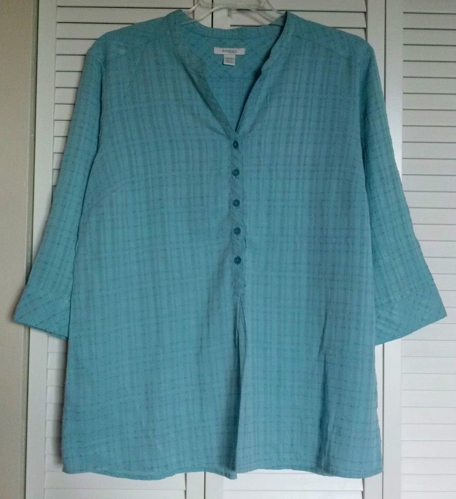 Dressbarn Woman 18 20 Blue Mandarin Collar Textured Material Button Blouse Top