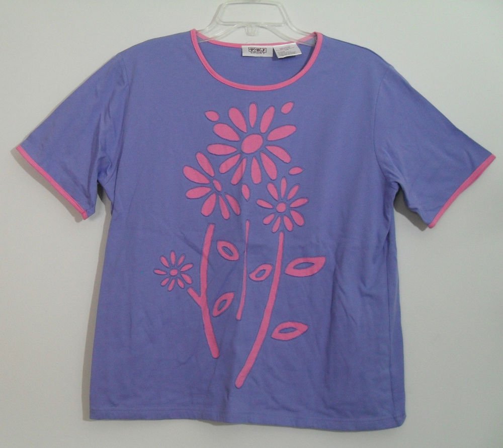 PBJ Sport Pink Purple Short Sleeve 100% Cotton Knit Top Flower Floral Design Top