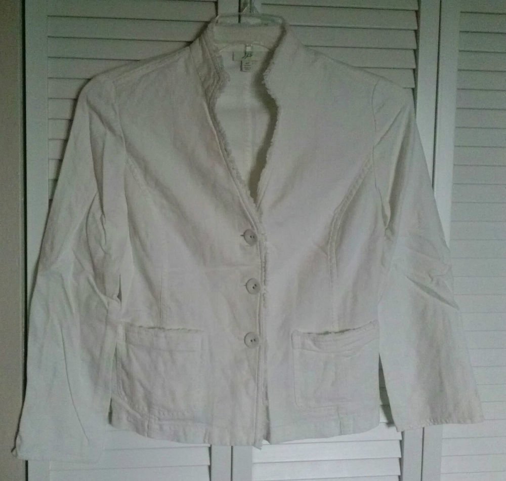 J.Jill 8P White Linen Rayon 2 Pocket Mandarin Collar Cloth Buttons Fray Fringe