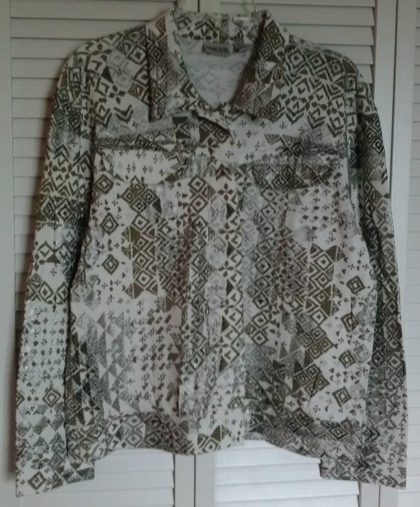 Chicos ( 2 ) Snap Jean Style Pocket Jacket White Gold Black Silver Paint Sparkle