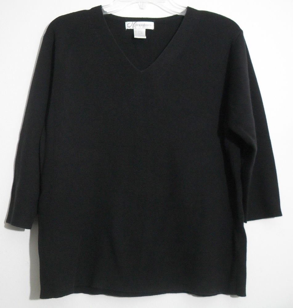Dressbarn Woman Acrylic & Cotton Black 3/4 Sleeve V-neck Pullover Sweater 14/16
