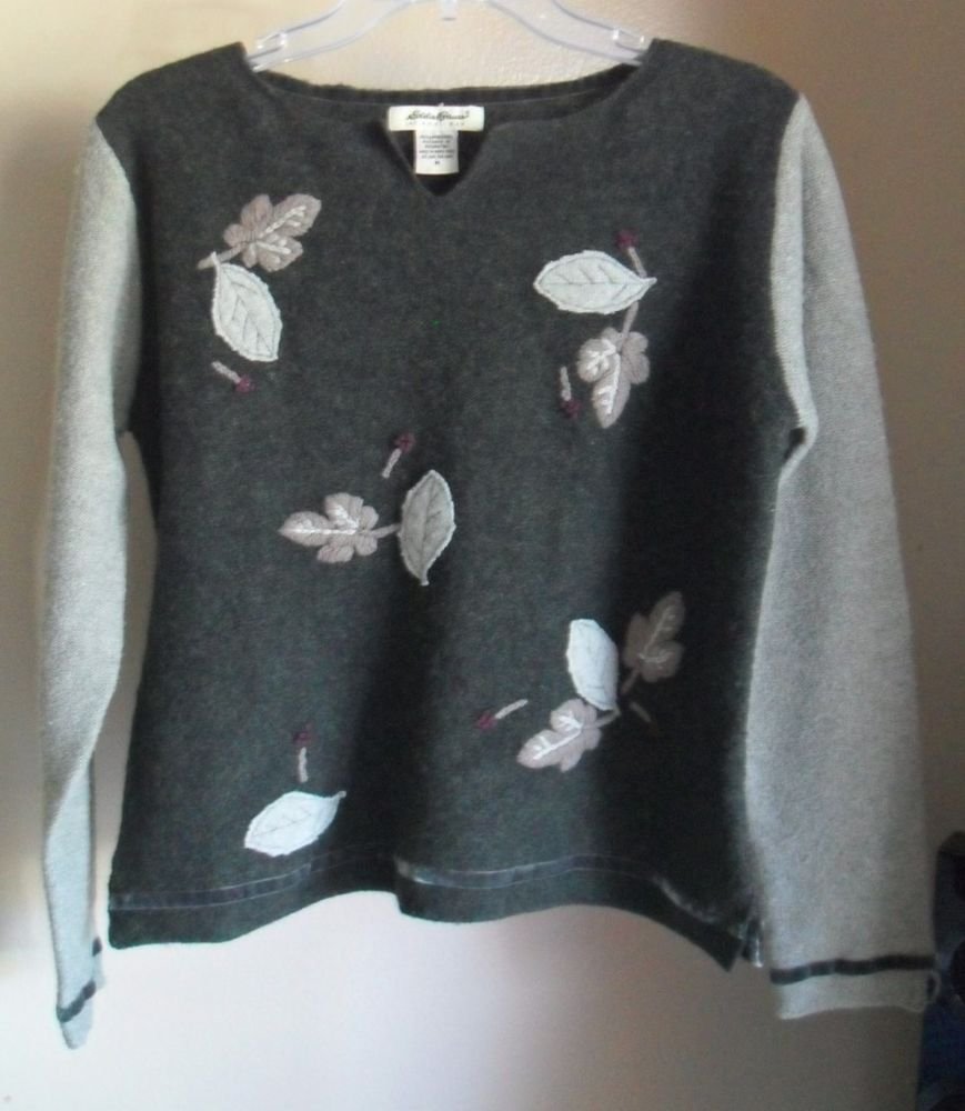 Eddie Bauer 100% Lambs Wool Pullover Notch Neck Sweater w/ Floral Leaf Patches M