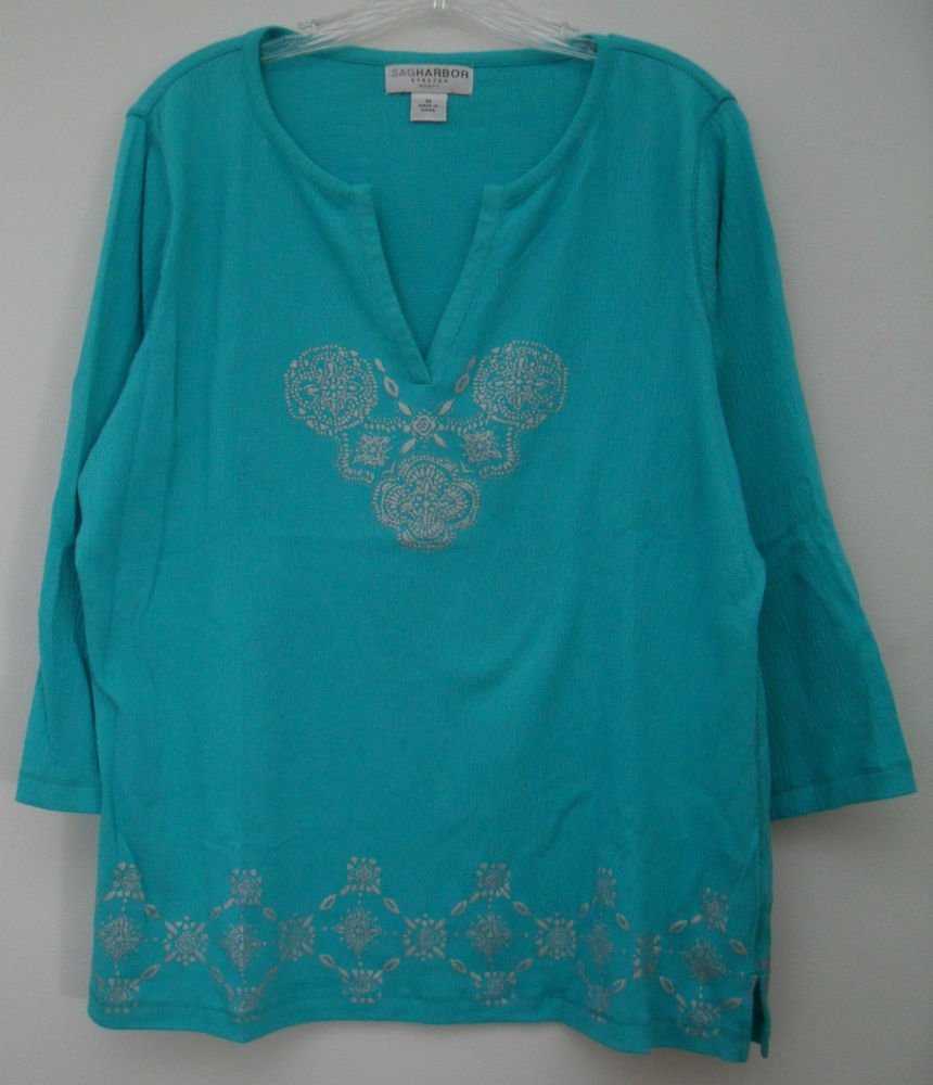 Sag Harbor Stretch Woman 1X Split V-neck Wrinkle Crinkle Material Blouse Top