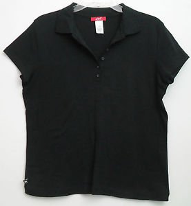 Anne Klein Sport Black Collared 6 Button Front Short Sleeve sz Large 100% Cotton