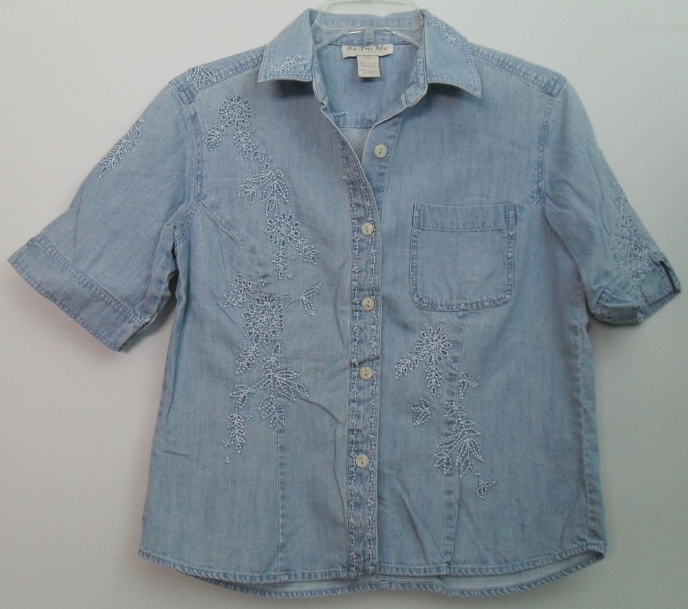 J. Jill Out of the Blue Denim Floral Embroidered Princess Seams Pocket Shirt XS